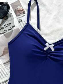 SHEIN 少女荷叶边拼接前褶皱蝴蝶结连体泳衣 - 藏蓝色 - 查看 5