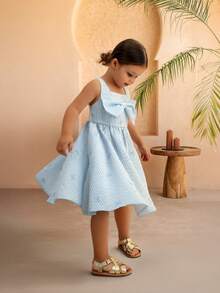 SUMWON Girls Light Striped Bow Detail Sleeveless A-Line Summer Dress With Smocked Bodice And Square Neckline Festive Occasionwear For Casual And Vacation - Baby Blue - View 1