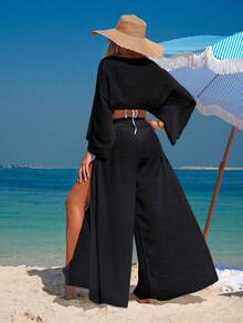 Breezaya Bộ đồ nữ gồm áo trễ vai và quần ống rộng, phong cách Hàn Quốc thanh lịch, màu trơn, dáng rộng, thoải mái, thời trang, tôn dáng. - màu đen - Xem 2