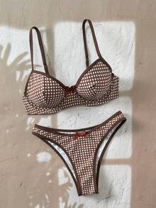 Swim Mod 夏季新款欧美风卡其格纹印花优雅性感细肩带钢圈衬垫蝴蝶结装饰两件式泳衣，显瘦时尚比基尼套装，适合海滩、度假、蜜月旅行 - 彩色 - 查看 2