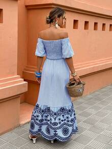 Selianne Women's Off-Shoulder Striped A-Line Print Split Dress, Casual Vacation Outfit, Spring/Summer - Multicolor - View 2