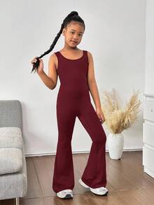 SHEIN 少女时尚街头风纯色针织无袖露背短款上衣搭配喇叭裤，休闲连体裤，返校季 - 酒紅色 - 查看 5
