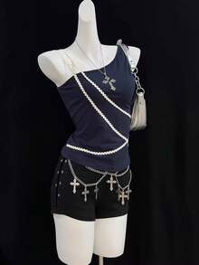 Rina Fox Casual Fashion Woven Strap Asymmetric Sleeveless Women Top - Navy Blue - View 6