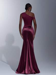 Elitara Vestido de cola de pez con decoración de hebilla metálica, hombro asimétrico, satén con brillo metálico burdeos, adecuado para bodas, eventos formales, damas de honor, fiestas de cóctel - Burdeos - Ver 3