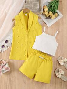 SHEIN Elladie kids 3pcs Girls (Small) Pink Blazer, Camisole, And Pearl Shorts Set, Casual Elegant Summer Outfit - Yellow - View 1
