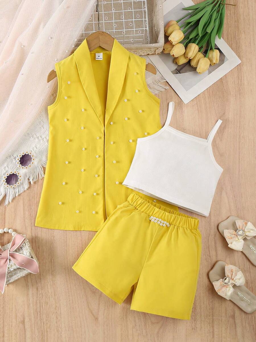 SHEIN Elladie kids 3pcs Girls (Small) Pink Blazer, Camisole, And Pearl Shorts Set, Casual Elegant Summer Outfit - Yellow - View 1