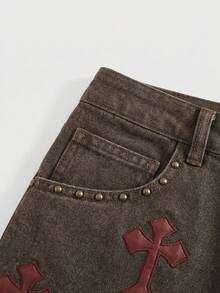 ROMWE Grunge Punk Women's Embroidered Cross Denim Mini Skirt - Brown - View 2