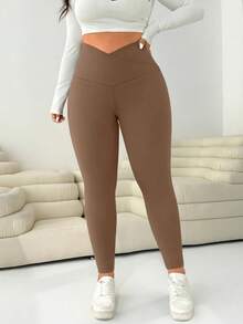 SHEIN EZwear 咖啡棕色加大码女式不对称腰休闲紧身裤 - 咖啡棕 - 查看 4