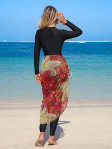 Swim Mulvari 3pcs Women's Black Zipper Long Sleeve Bikini Top, Pants + Random Floral Print Pleated Skirt Swimsuit, Summer Beach - Multicolor - View 2