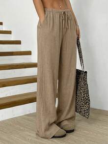 Solflare Khaki Casual Plus Size Pants, Minimalist Everyday Wear Fall - Khaki - View 5