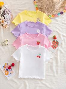 SHEIN Bộ đồ 4 món dễ thương cho bé gái, kiểu dáng thường ngày, đơn giản, đa năng, chất liệu vải dệt kim co giãn màu trơn, có dây đeo vai và họa tiết sọc, tay ngắn, bèo nhún, phù hợp cho mùa xuân và mùa hè. - Nhiều màu - Xem 4