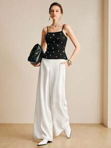 Revavyn Revavyn Women's Black Summer Elegant Ribbed Knit Cami Top,Spaghetti Strap Rhinestone & Pearl Embellished Peplum Camisole,Party Night Y2K Slim Blouse - Black - View 8
