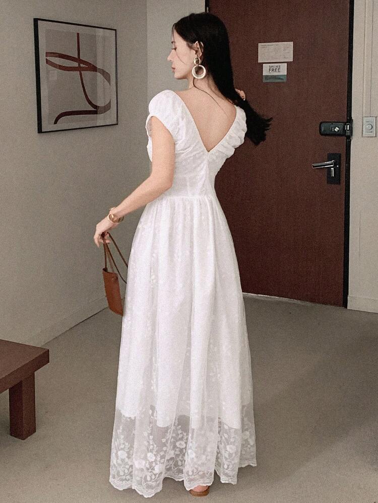 Women's Elegant Embroidered Mesh Waist Cinched Dress, Vacation Style, Summer Wedding Guest Dress,Valentine Outfits For Women Sundress