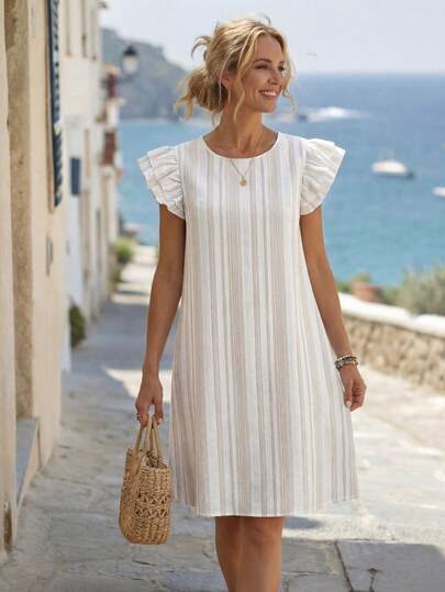 EMERY ROSE 女士休闲条纹圆领短袖宽松短裙