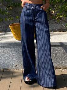 DAZY 女士交叉腰带条纹度假牛仔裤 - 藍色 - 查看 6