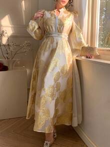 DAZY Textured Waist Cinching Midi Dress For Women, Vacation - Gold - View 4