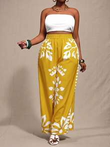 Veslaya 加大码黑白宽松撞色印花长裤，适合春夏穿着 - 黃色 - 查看 8