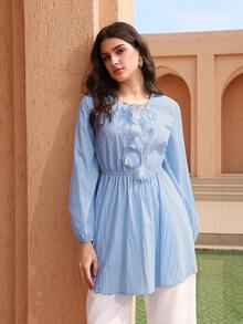 Graceveil Floral Drawstring V-Neck Ruched Waist Long Sleeve Elegant Blouse For Women - Blue - View 8
