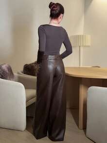 Abrilcols 女式纯色PU皮革口袋宽腿宽松裤 - 棕色 - 查看 2