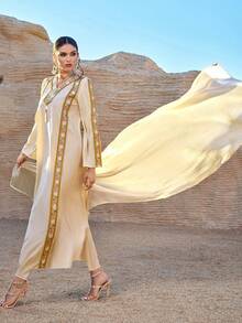 Al Najma Women's Turkish Maxi Dress & Arabic Traditional Abaya Kaftan Jalabiya Dress - Apricot - View 7