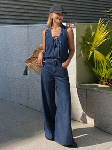 DAZY Women's Halter Tie Striped Denim Top And Loose Straight Leg Pants, Vacation Style Denim Set - Dark Wash - View 1