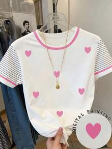 Resyla Women's Casual Daily Commute Heart & Stripe Print Short Sleeve T-Shirt, Summer - White - View 1