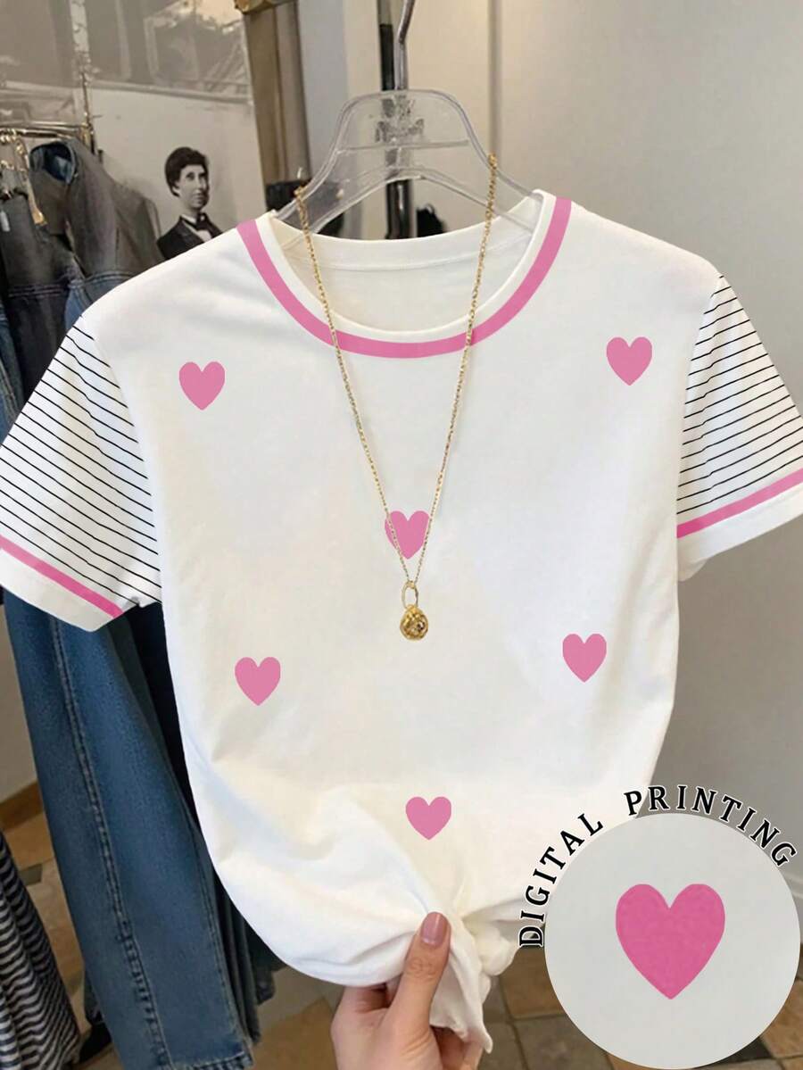 Resyla Women's Casual Daily Commute Heart & Stripe Print Short Sleeve T-Shirt, Summer - White - View 1