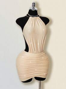 SHEIN ICON Women's Y2k Glitter Sleeveless Mini Dress,Valentines Day Dress,Sparkly Dress,Holiday Outfits For Women  Spring Gold Halter Dress - Gold - View 7