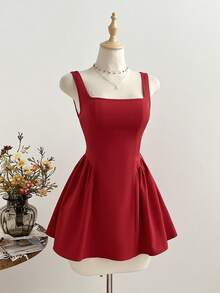 Elamini Romantic French Style Red Vacation Dress, Sleeveless, Waist Cinched, Slimming, Elegant Retro Square Neck Party Mini Dress, Spring/Summer - Burgundy - View 4