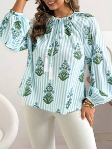 Vionelle Áo kiểu nữ cỡ lớn in hoa cổ chữ V, áo sơ mi rộng rãi kiểu boho tay phồng, áo nữ mùa hè, áo kiểu và áo sơ mi nữ, áo kiểu mùa hè - màu xanh lá - Xem 3