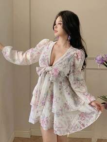 DAZY 法式粉色碎花V领长袖连衣裙，系腰雪纺A字迷你连衣裙，春季波西米亚风吊带裙 - 彩色 - 查看 9