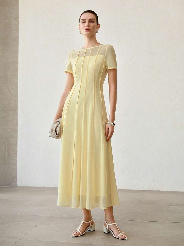 WOMEN'S YELLOW SEAM FRONT FLARED DRESS, FRENCH ELEGANT STYLE