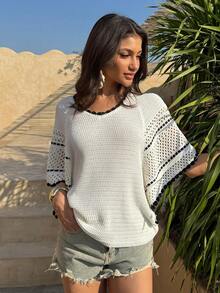 Loose Knit Beach Cover-Up, Casual Batwing Sleeve Hollow Out Cover Up Top - Apricot - View 7