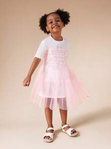 SUMWON Girls Short Sleeve Graphic Tee With Pink Text Print And Tulle Overlay Detail For Spring Summer Casual Wear Vacation - Baby Pink - View 6