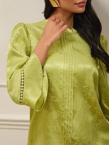 Lilora 女士优雅提花喇叭袖宽松圆领衬衫 - 綠色 - 查看 4