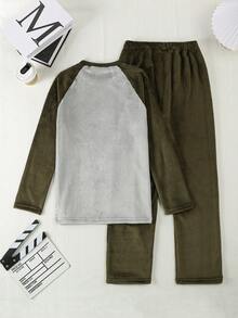 2 peças/Conjunto Roupas de Moletom Casual para Adolescentes Masculinos, Top com Manga Raglan e Contraste de Cor e Calça, Outono/Inverno - Multicolorido - Visão 2