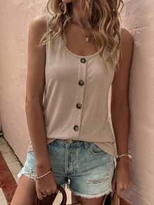 Selamara New Fashion Women Round Neck Button Camisole - Khaki - View 6