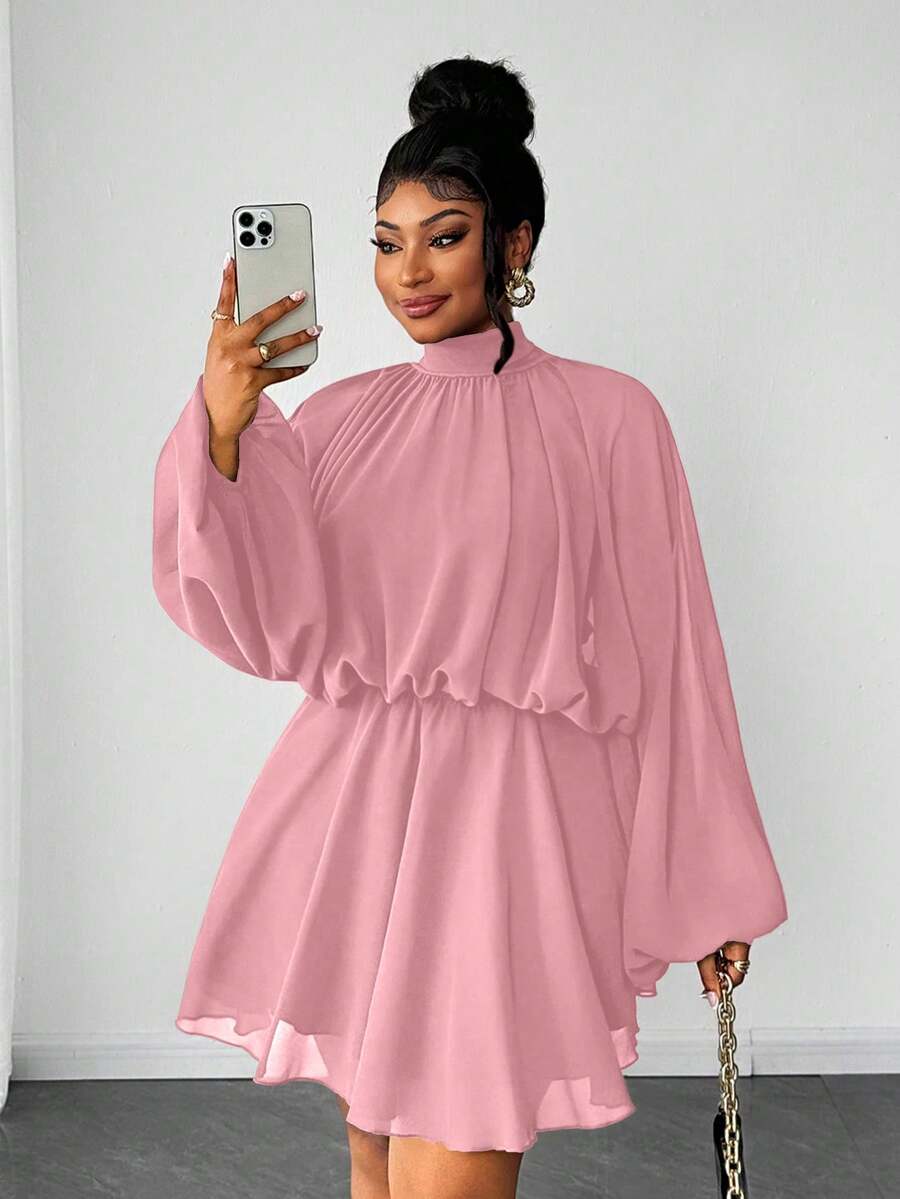 Maweii Plus Size Women's Solid Color Stand Collar Lantern Sleeve Pleated Fashion Dress - Pink - View 1