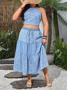 Breezaya Plus Size Women's Spring/Summer Vacation Floral Print Denim Blouse - Light Wash - View 1