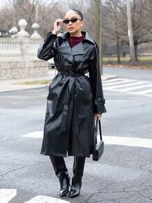 Melissa Matos Women's Fashionable Double-Breasted PU Trench Coat, Autumn - Black - View 6