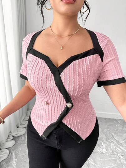 Elenzga Plus Size Women's Colorblock Heart Neck Short Sleeve Button Design Fashion T-Shirt