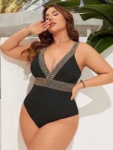 Swim Lushoire Summer Beach Plus Stitch Detail Tape Panel Plunging Neck One Piece Swimsuit - Black - View 6