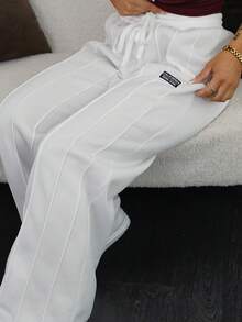 SAYEHFBABY 女士休闲日常通勤运动字母抽绳腰部前缝宽松阔腿裤 - 白色 - 查看 3