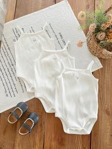 SHEIN 3pcs/Set Cute Baby Girl White Knit Strap Bodysuit Set For Summer - White - View 3