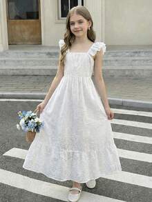 SHEIN 少女白色刺绣优雅短袖连衣裙 - 白色 - 查看 9