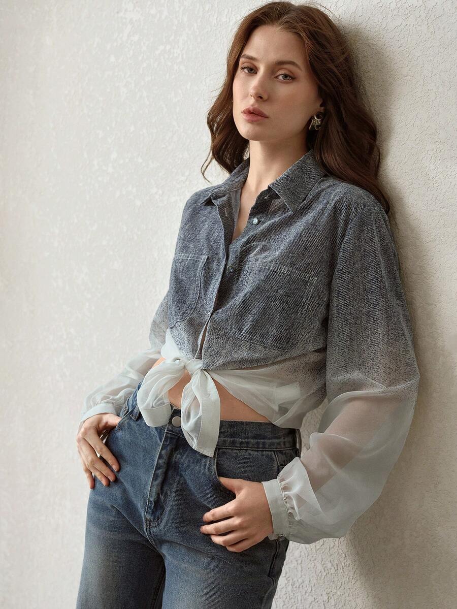 MOTF PREMIUM WOMEN'S FASHION GRADIENT SHEER BLOUSE - Blue - View 1