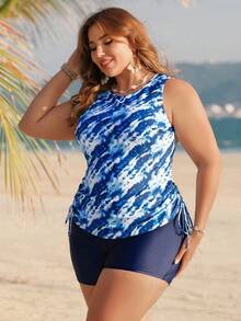 Swim Lushoire Top de tankini imprimé aléatoire et short de couleur unie pour femmes grandes tailles, conservateur et romantique pour les vacances à la plage, les fêtes, la piscine et la plage - Multicolore - Voir 4