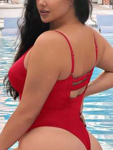 Slaysola 大码女式纯色休闲吊带连体泳衣 - 紅色 - 查看 2