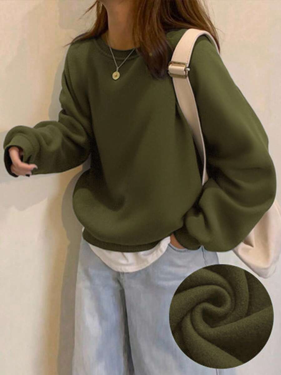 INAWLY Women's Solid Color Round Neck Long Sleeve Casual Thermal Lined Loose Pullover Sweatshirt, Autumn/Winter - Dark Green - View 1