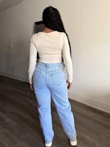 Tyla Gomez Single Button Cut Out Ripped Frayed Wide Leg Jeans - Light Wash - View 2